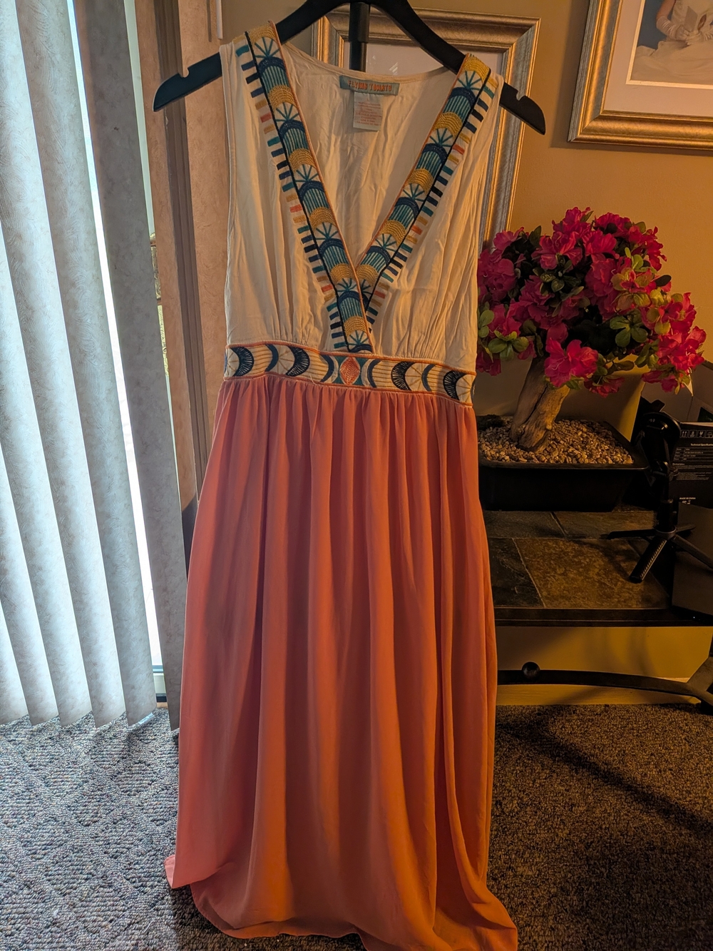 Flying Tomato Peach and White Embroidered V-Neck Maxi Dress